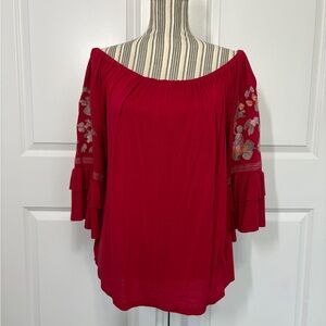 Altar'd State Red Off-Shoulder Blouse with Floral Sleeves